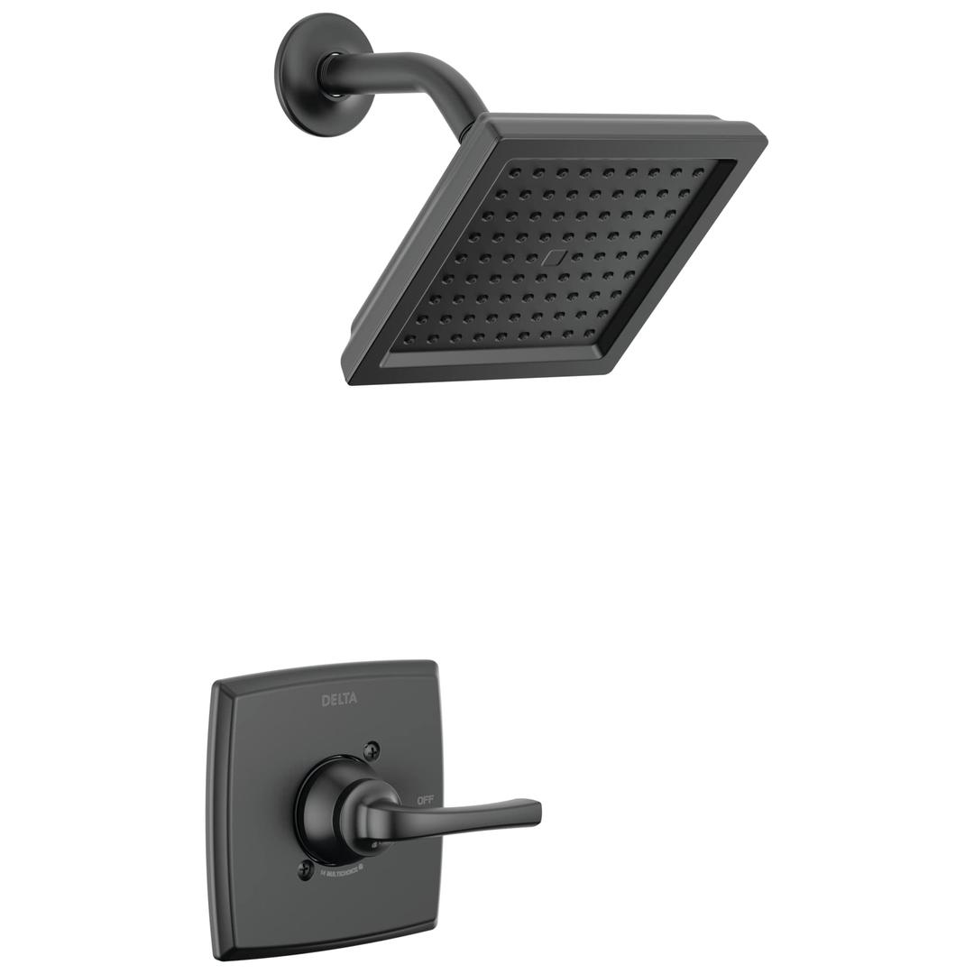 Delta Faucet Geist 14 Series Black Shower Faucet, Shower Trim Kit with Single-Spray Matte Black Shower Head, Shower Faucet Set Complete, Matte Black 142864-BL (Valve Included)