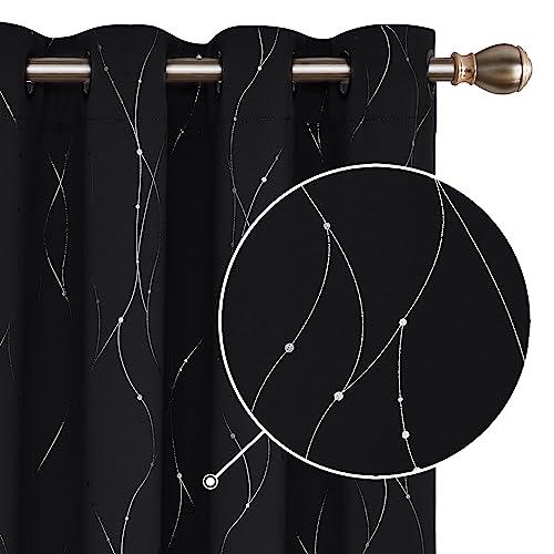 Deconovo Bedroom Curtains Dotted Line Foil Printed Thermal Insulated Window Treatment Eyelet Blackout Curtains for Livingroom 46 x 54 Inch Black Two Panels