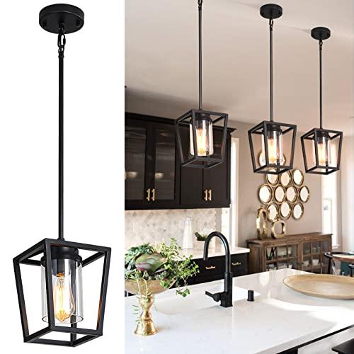 SGLfarmty 1-Light Black Pendant Lights Kitchen Island, Farmhouse Cage Metal Hanging Light Fixtures with Glass Shade，Adjustable Lantern Pendant Lighting for Dining Room, Entryway, Hallway