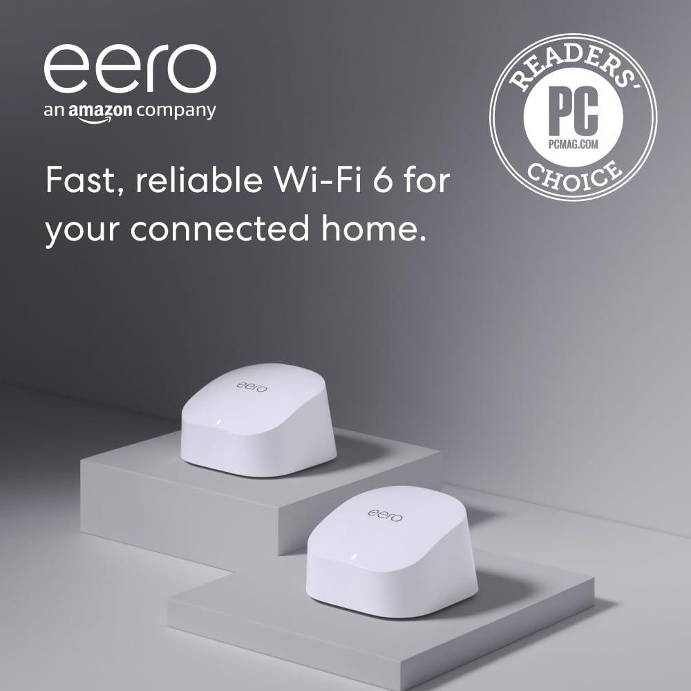 Amazon eero 6 mesh wifi system - Supports speeds up to 500 mbps, Connect to Alexa, Coverage up to 3,000 sq. ft., 2-pack, one router + one extender