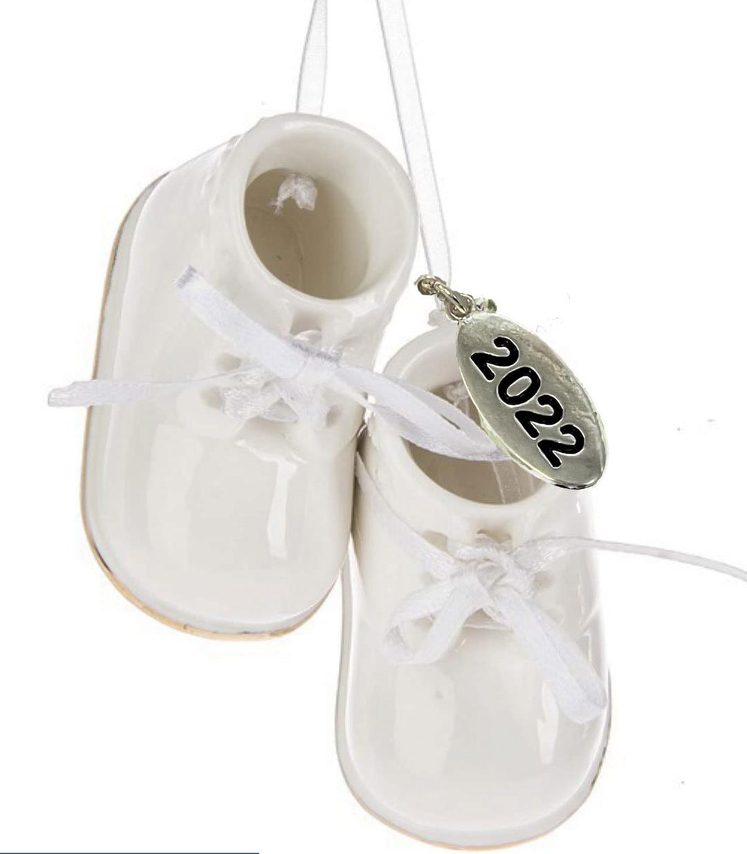 Ivory Baby Shoe Ornament Babys First Christmas Boy or Girl Ornament 2022 Cream Porcelain Baby Booties - Can Be Personalized - with Gift Box