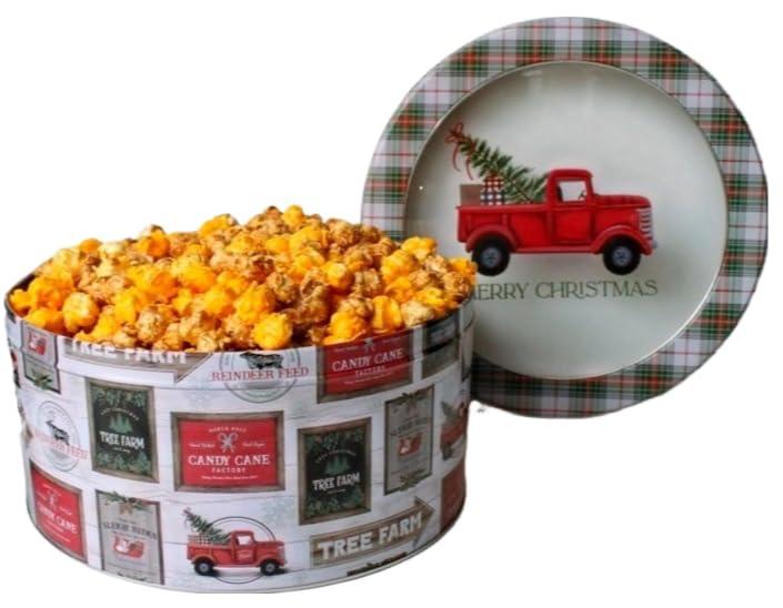 Uncle Myron's Christmas Popcorn Tin - Caramel & Cheddar Cheese Popcorn Tin - 1 Gallon Holiday Popcorn Tin (Red Truck)