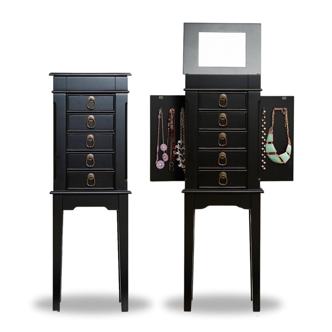 Hives and Honey Meg Jewelry Armoire - Modern Wood Storage Organizer with Necklace Hooks, 5 Drawers, and Vanity Mirror, Black