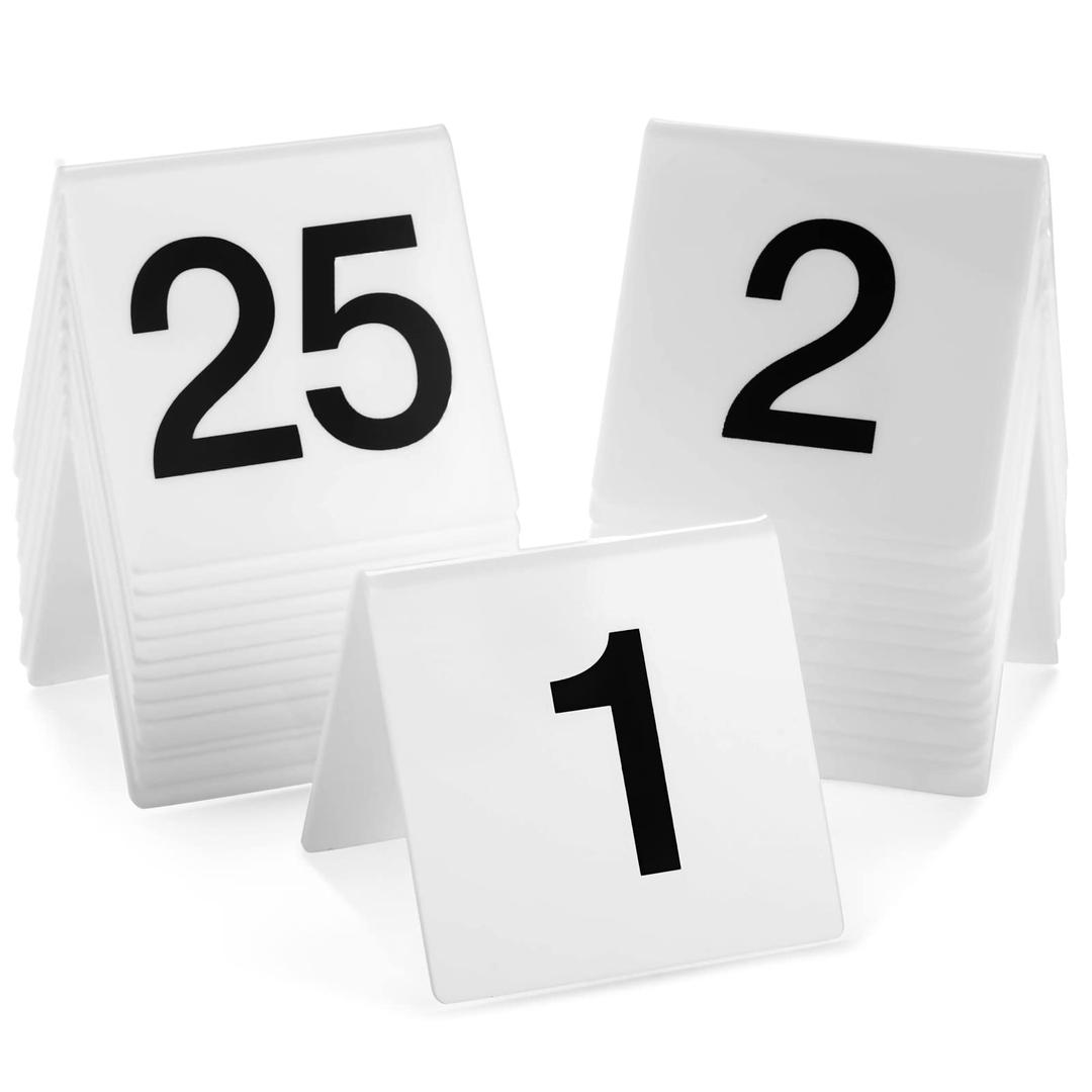 Juvale Set of 25 Restaurant Table Numbers 1-25, Double-Sided Acrylic Tent Table Numbers for Events, Banquets, Food Service, Wedding Receptions (Black and White, 3x2.75x2.5 in)