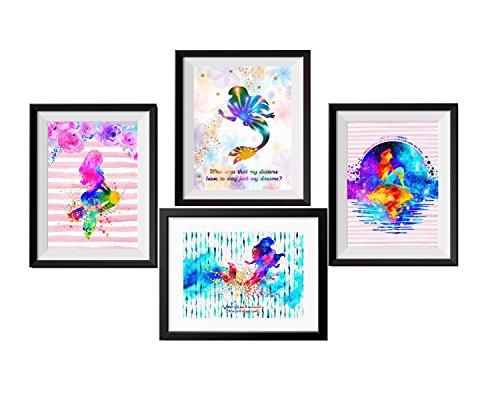 Uhomate 4 Pcs Set Princess Ariel The Mermaid Abstract Art Canvas Wall Art Baby Gift Inspirational Quotes Wall Decor For Living Room Wall Decorations For Bedroom M029 (5X7)