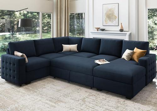 HONBAY Sleeper Sectional Sofa with Pull Out Bed U Shaped Sectional Couch with Storage Chaise Velvet Sectional Sleeper Sofa Bed for Living Room, Dark Blue