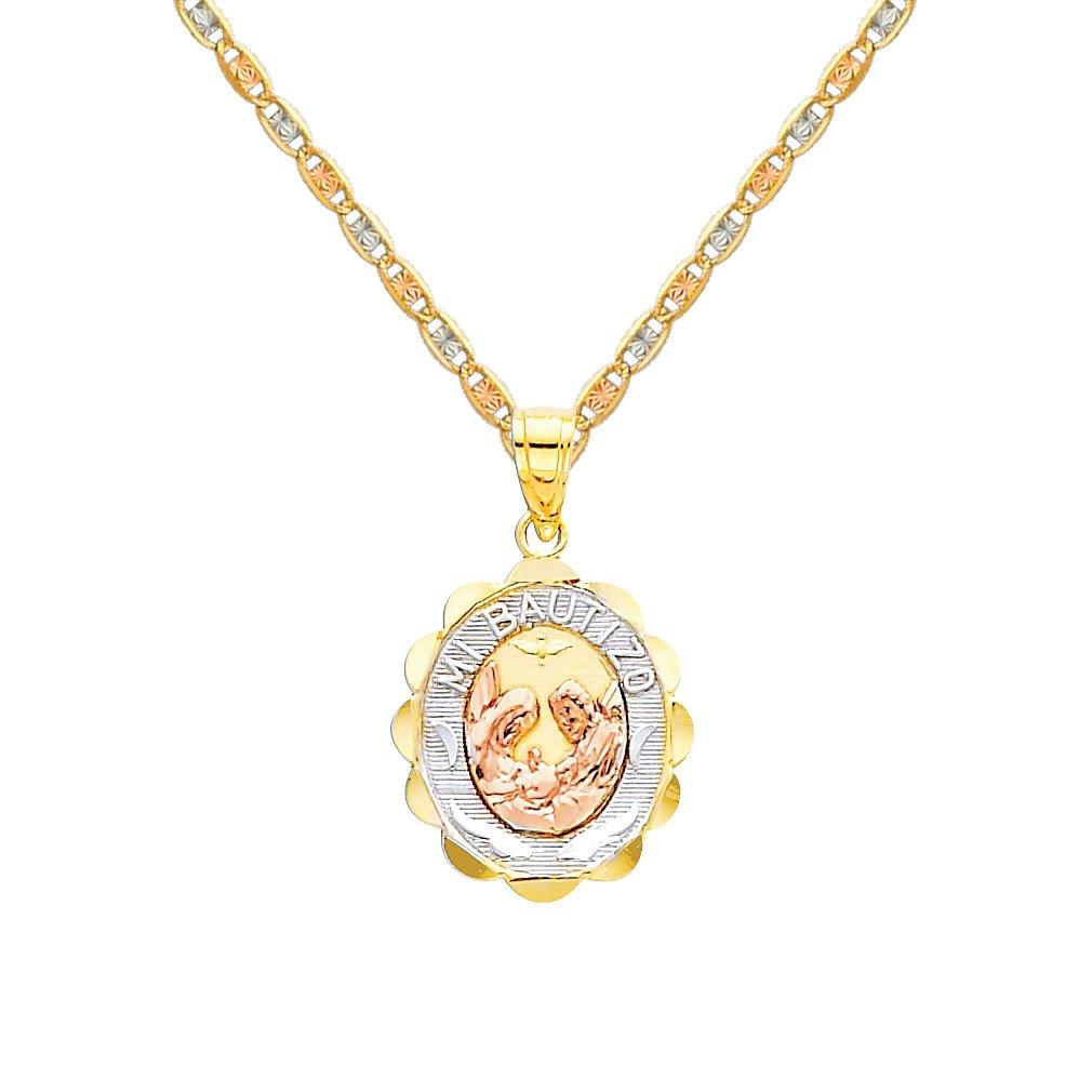 The World Jewelry Center14k Tri-color Gold Religious Baptism Pendant with 1.5mm Valentino Diamond Cut Chain Necklace