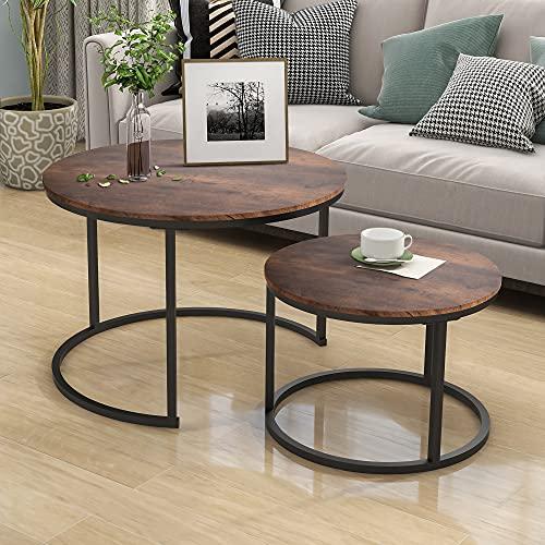 HOJINLINEROIndustrial Round Coffee Table Set of 2 End Table for Living Room,Stacking Side Tables, Sturdy and Easy Assembly,Wood Look Accent Furniture with Metal Frame,Black+Rustic Brown