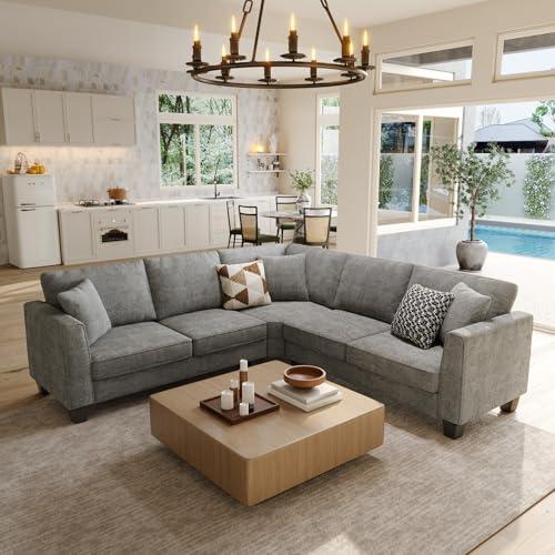 L Shaped Couch, Small Corner Sectional Sofa with 3 Throw Pillows, Chenille Fabric, Easy Assembly, Comfy Convertible l Shape Couches for Living Room, Apartment, Grey