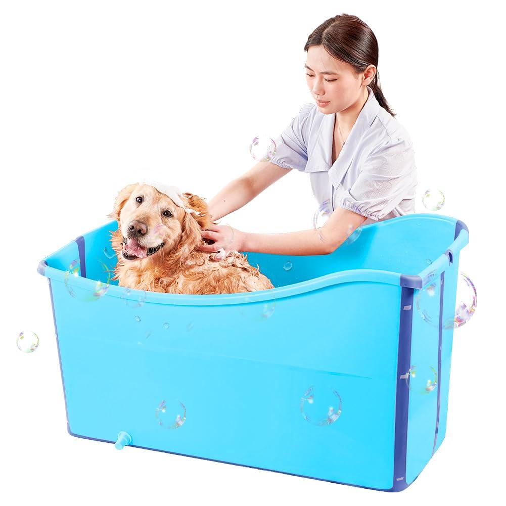 48.4Gal/220L Collapsible Pet Bathtub with Water Drain Plug Multi-Functional Collapsible Dog Bathtub for Bathing/Shower, Portable Laundry Basket-Foldable Bathing Tub-Storage Organizer（Blue）