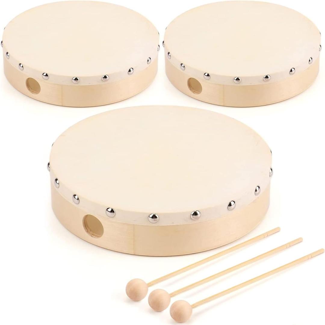 Foraineam 3 Pack 8 Inches Hand Drum Goatskin Drumhead Wood Frame Drum with Beater