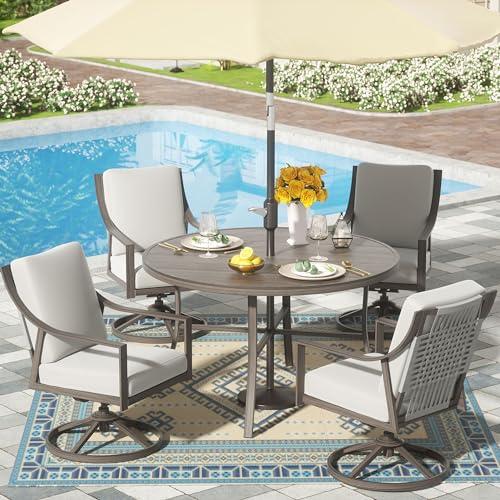 NATURAL EXPRESSIONS 5-Piece Outdoor Patio Dining Set, 4pcs Patio Swivel Rocking Chairs and 38’’ Round Dining Table with 1.65’’ Umbrella Hole