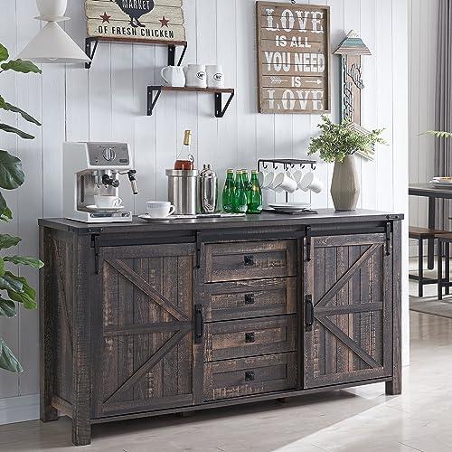 T4TREAM Farmhouse Sideboard Buffet Cabinet with Storage, 60" Large Kitchen Cabinet w/Sliding Barn Doors and 4 Drawers, 31.2'' Tall Rustic Wood Coffee Bar Table for Dining Room, Dark Rustic Oak