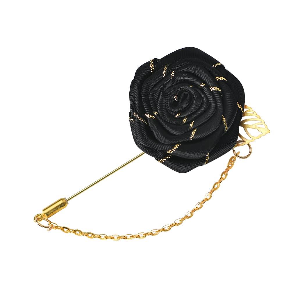 KilenerRose Flower Brooch Lapel Pin for Men Suits Rose Brooch Pins Cloth Rose Flower with Gold Leaf Brooch Suit Lapel Pins for Men Tassel Chain Black Brooch Rose Pins and Brooches Suit Accessories