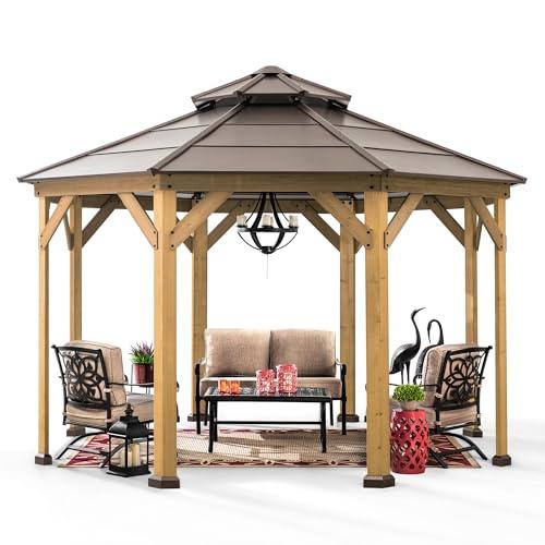 Sunjoy Ion Collection 13 x 13 ft. Cedar Framed Octagon Wood Gazebo with Brown Double Tiered Steel Hardtop Roof and Ceiling Hook for Garden, Backyard Shade