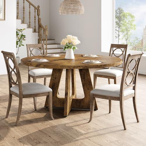 47-Inch Round Large Dining Table, Wooden Kitchen Table for 4, Farmhouse Dinner Table with Wooden Top and Legs for Home Dining Room or Living Room - Rustic Brown(Only Table)