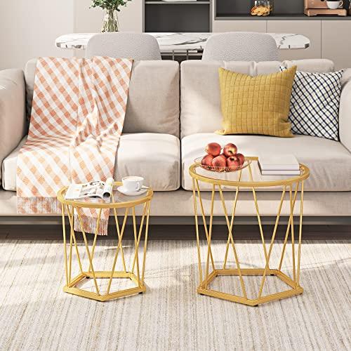 HOOBRO Gold Round Nesting Coffee Table Set of 2, 50 cm & 40 cm, Stackable Gold Glass Coffee Table for Living Room, Sofa Side Table with Metal Frame, Sofa Tea Table for Small Space