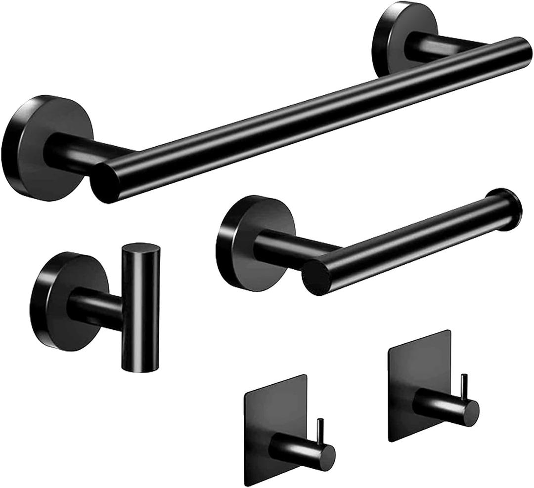 5-Pieces Bathroom Towel Holder Set Matte Bathroom Hardware Set Wall Mounted - Includes 16" Bath Towel Rack Toilet Paper Holder 3 Robe Towel Hooks, Black Bathroom Accessories Set