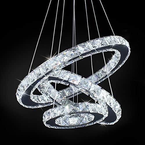 Dixun LED Chandeliers Modern Ceiling Light Fixture 3 Rings Adjustable Stainless Steel Pendant Light Chandelier for Bedrooms Living Room (Cool White)