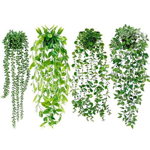 Artificial Hanging Plants for Shelf, 4 Pack Fake Potted Greenery Faux Eucalyptus Vine, Mandala Vine, String of Pearls,Pea pod Leaves in Pot for Office Living Room Bathroom Indoor Outdoor Décor