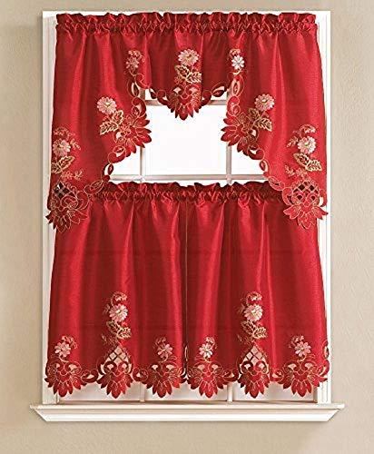 Sally Textile Cindy Flower Embroidered 3-Piece Kitchen Curtain Swag & Tiers Set, Burgundy, 60x36 & 30x36