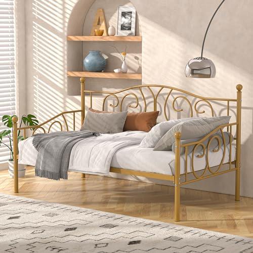 VECELO Metal Daybed Frame Multifunctional Platform Bed Sofa Mattress Foundation with Classic Headboard, Twin, Gold