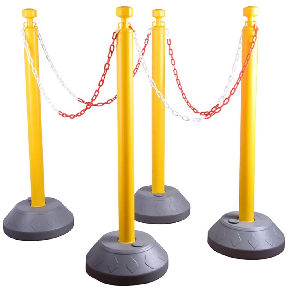 Vilmon 4 Pack Plastic Crowd Control Stanchions (40 inch) with 4 PCS Yellow Plastic Link Chain (40 inch), Fillable Base(1.32 Gallon), Queue Line Plastic Barriers