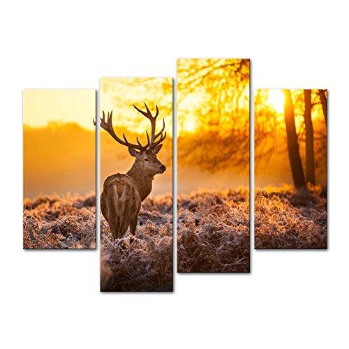 Canvas Print Wall Art Picture Deer In Autumn Forest In Sunset Animal Wildlife 4 Pieces Paintings Modern Giclee Stretched And Framed Artwork The Animal Pictures Photo Prints On Canvas