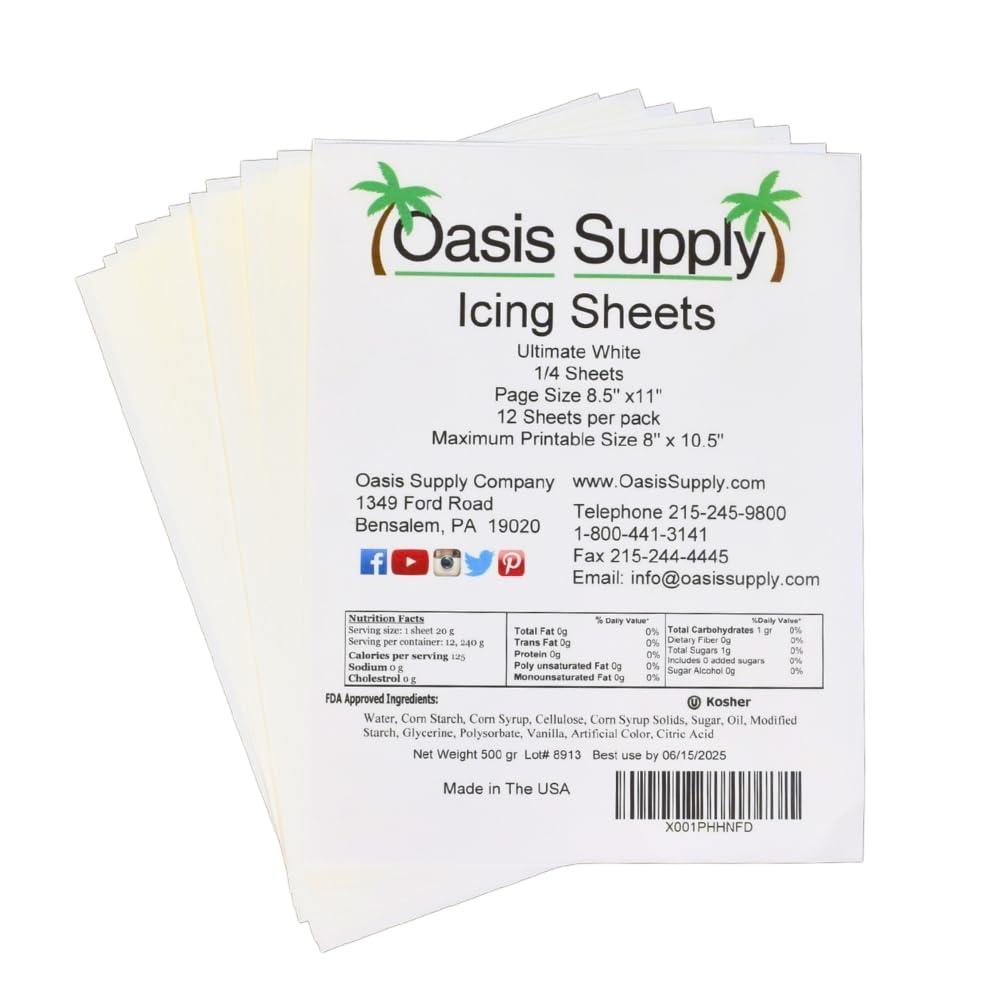 Oasis SupplyUltra Flexible Icing Sheets, White, Paper 8.5" x 11", 12 count, Made in the USA