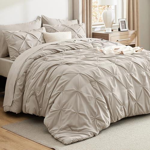 Bedsure Queen Comforter Set Beige - Bed in a Bag Queen Size 7 Pieces, Pintuck Bedding Sets Gift for Christmas, Beige Bed Set with Pinch Pleat Queen Size Comforter, Sheets, Pillowcases & Shams