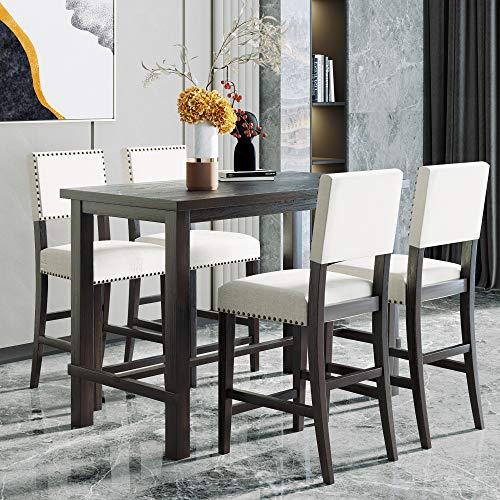 Merax 5 Piece Dining Tabble Set for 4,Counter Height Kitchen Table Set with One Rectangle Table and 4 Cushioned Chairs for 4 Persons Dining Room Table Set for Small Place