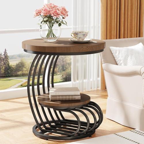 Zamofy Round End Table, 2-Tier Metal Coffee Table with Open Storage Shelf for Living Room, Marble Look Indoor&Outdoor Tea Table for Home and Office (Black & Wlnut)