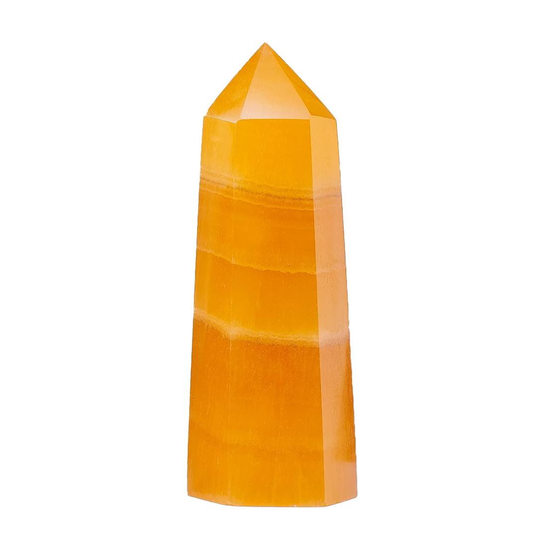 Runyangshi Large Natural Orange Calcite Healing Crystal Wand, 3.9"-4.3" (10-11cm) Yellow Calcite Crystal Tower 6 Faceted Single Point Crystal Prism Wand for Healing Meditation Chakra Therapy