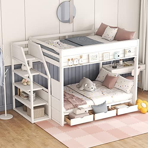 SOFTSEA Full Over Futon Bunk Bed with Storage Staircases, Convertible Couch and Bed with Drawers, Wood Full Over Full Bunk Bed Frame for Kids Teens, No Box Spring Needed (White)