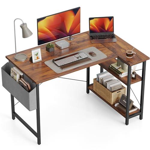 CubiCubi 40 Inch Small L Shaped Computer Desk with Storage Shelves Home Office Corner Desk Study Writing Table, Deep Brown