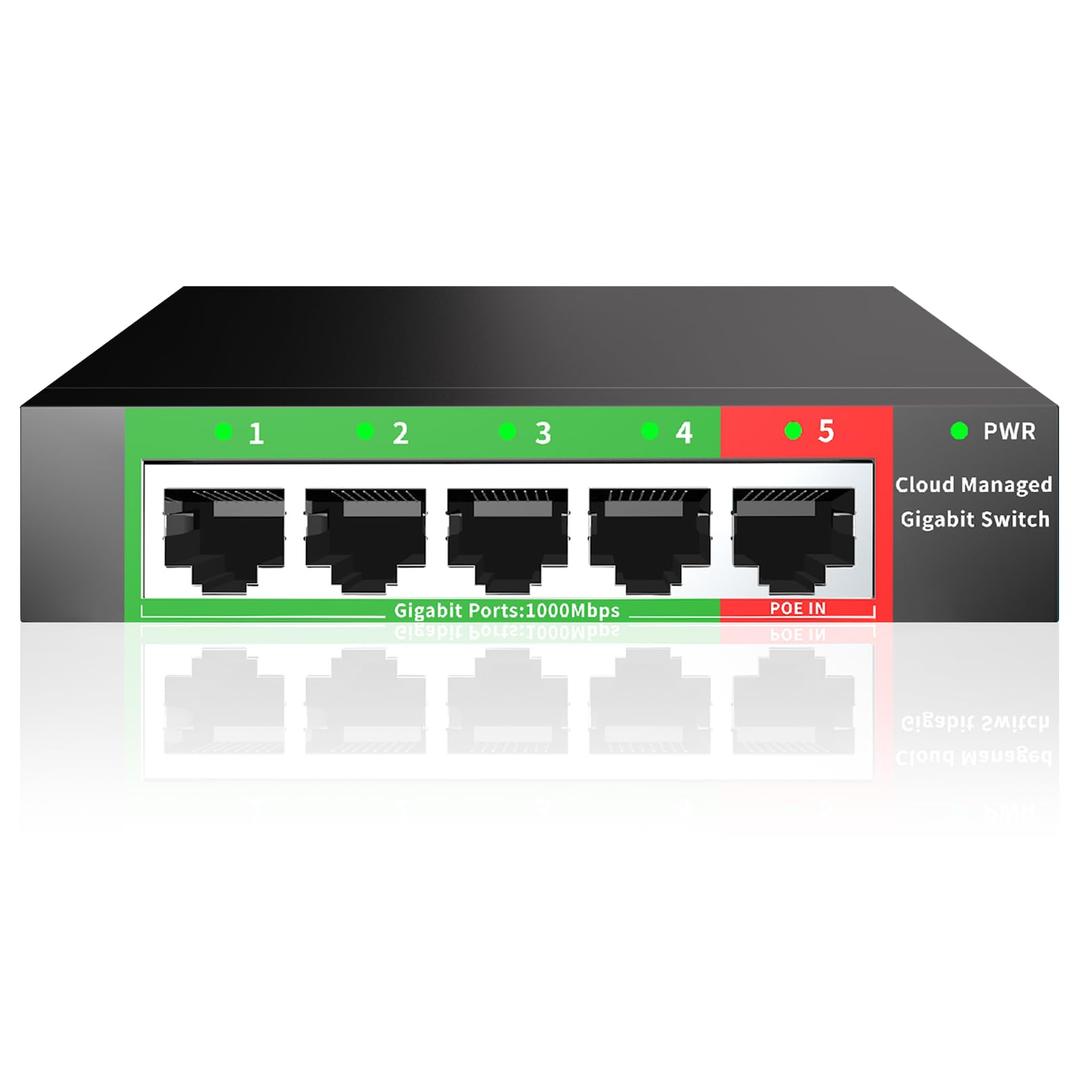 STEAMEMO 5 Port Gigabit Switch, Easy Smart Managed Ethernet Switch, Desktop or Wall Mount, Vlan, Ethernet Splitter, Network Hub, Sturdy Metal