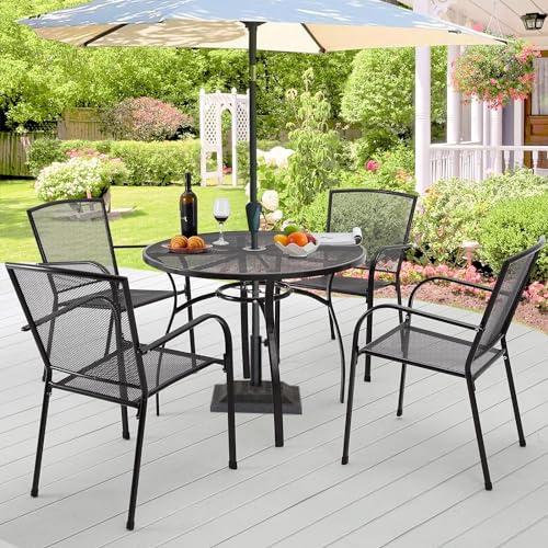 AECOJOY Metal Patio Table and Chairs Set for 4, Outdoor Dining Sets Patio Dining Table Furniture Set Round Outside Table and Chairs for Garden Backyard with 1.73" Umbrella Hole