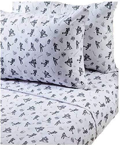 Stars and Moon Flannel Hockey Players Sheet Set (100% Cotton Flannel) 1 Flat Sheet,1 Fitted Sheet, Pillowcases (Full)