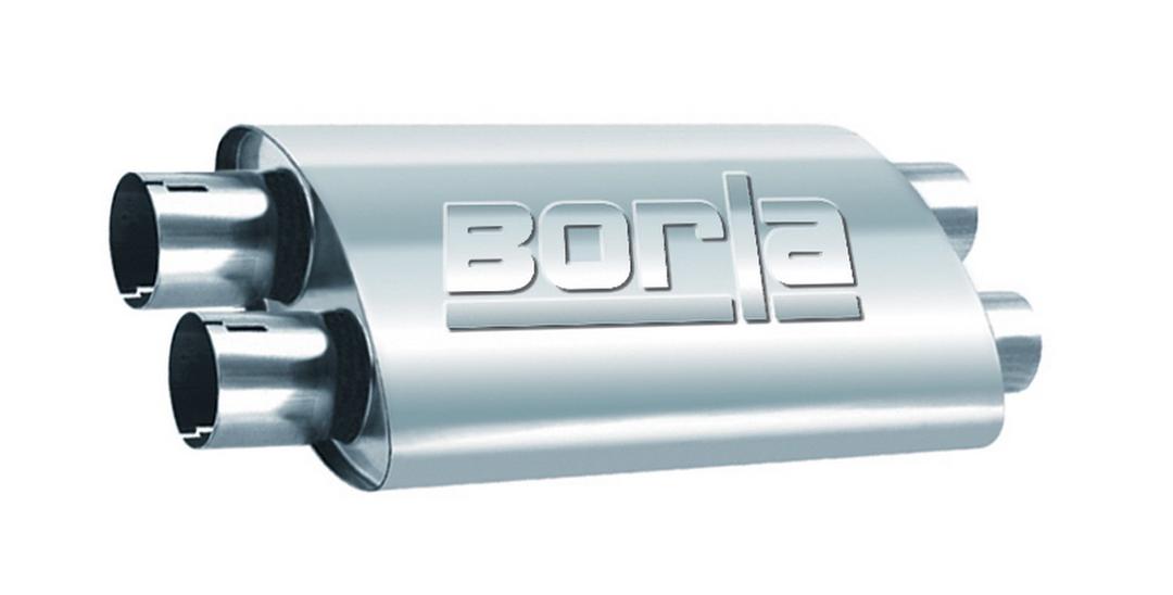 Borla400286 ProXS Universal Perf. Muffler 2.5" Dual Inlet / 2.5" Dual Outlet" x 9.5" Oval x 19" Long Body 24" Overall Length Reversible Design Onternal X-Pipe T-304 Stainless Steel