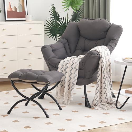 Lazy Chair with Ottoman, Modern Chair with Folding Footrest, Lounge Accent Chair, Comfortable Reading Chair, Oversized Armchairs for Bedroom, Study, Living Room, Courtyard (Dark Grey)