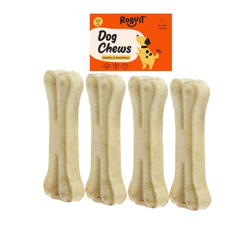 Robust Long Lasting All-Natural Dog Chew Bones - 5 inches (4 Units) | Premium Compressed Rawhide Chews for Small, Medium & Large Dogs | Healthy & Digestible Rawhide Bones to Improve Oral Health