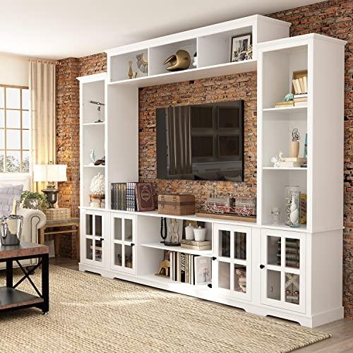 ECACAD4-Piece Wall Unit TV Stand with Bookshelves for TVs up to 65", Modern TV Console Table Media Entertainment Center with Glass Doors & Open Shelves for Living Room, Bedroom & Home Theater, White