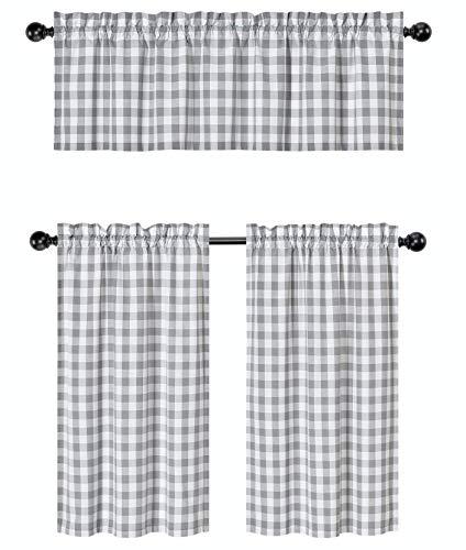 3 Pc. Plaid Country Chic Cotton Blend Kitchen Curtain Tier & Valance Set - Assorted Colors (Grey)