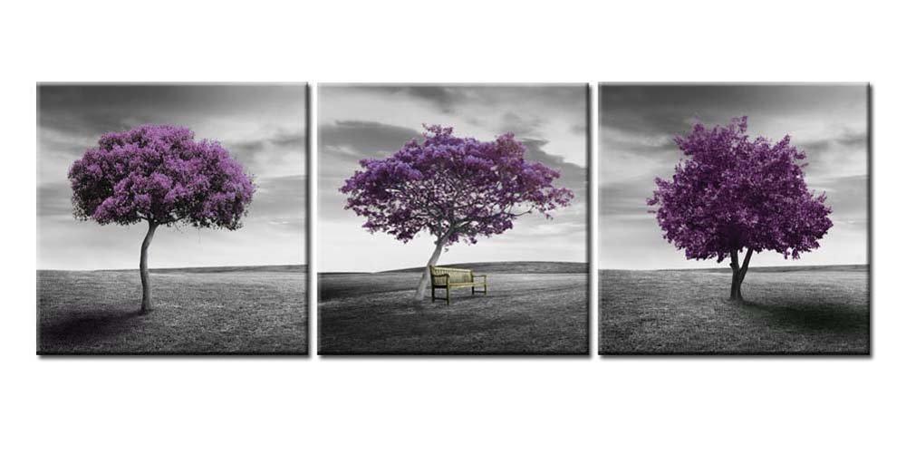 So Crazy Art- Black and White Wall Art Decor Tree with Purple Blossom on the Lawn Canvas Pictures Artwork 3 Panel Landscape Painting Prints for Home Living Dining Room Kitchen