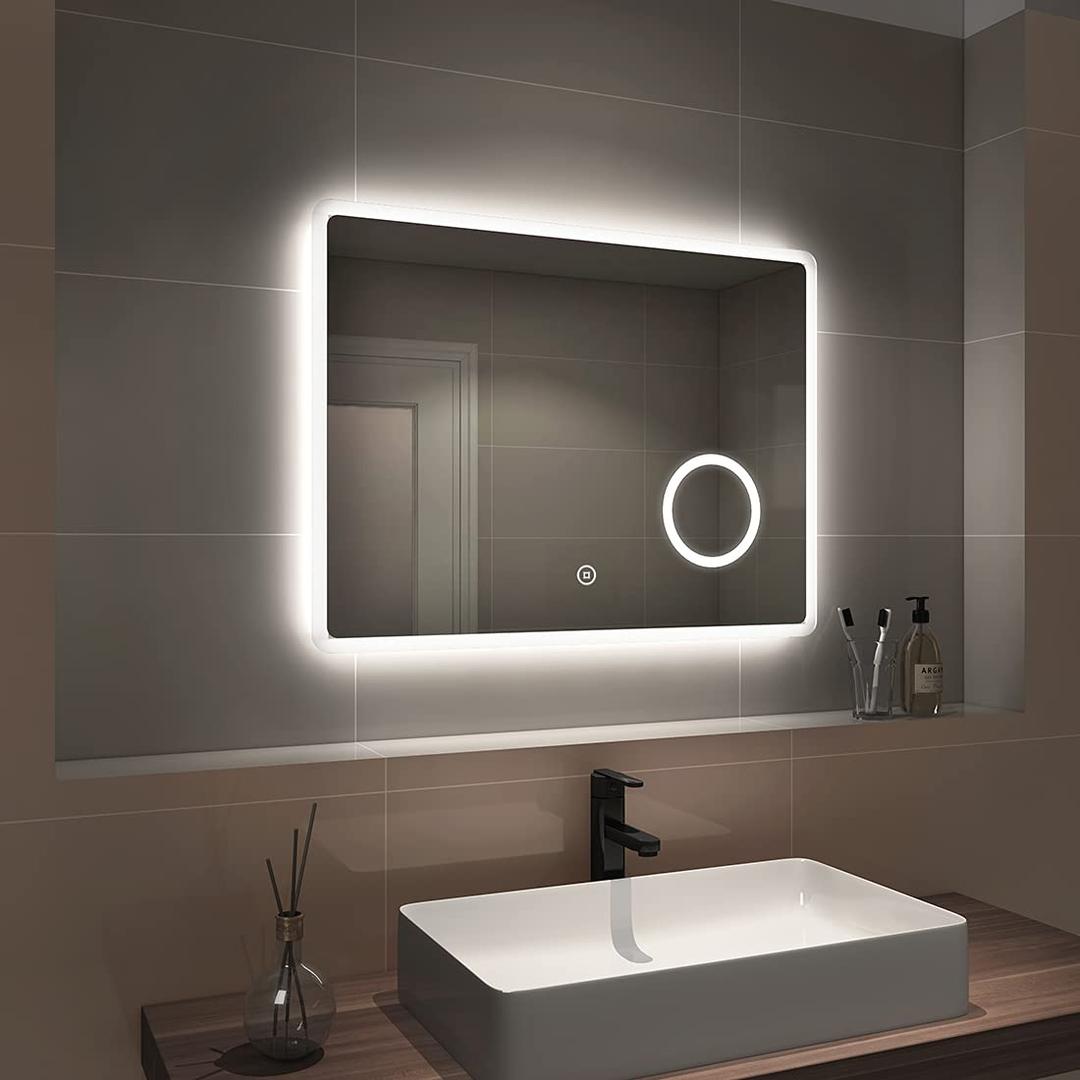 EMKE LED Bathroom Mirror Illuminated Wall Mirror 800 x 600mm Touch Switch + Demister Pad + Shaver Socket + 3X Magnifying Mirror, Horizontal