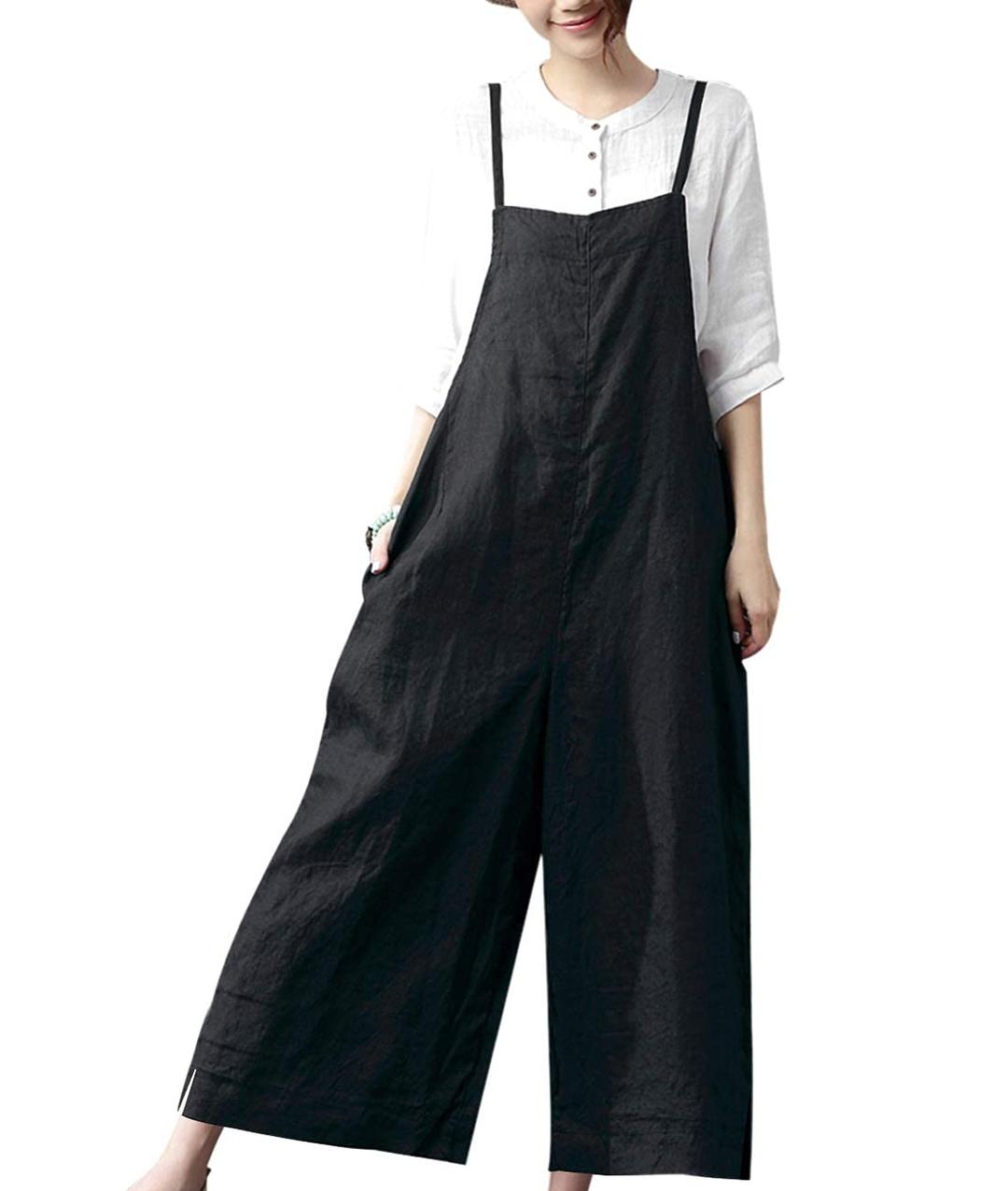 YESNOWomen Casual Loose Long Bib Pants Wide Leg Jumpsuits Baggy Cotton Rompers Overalls with Pockets PZZ