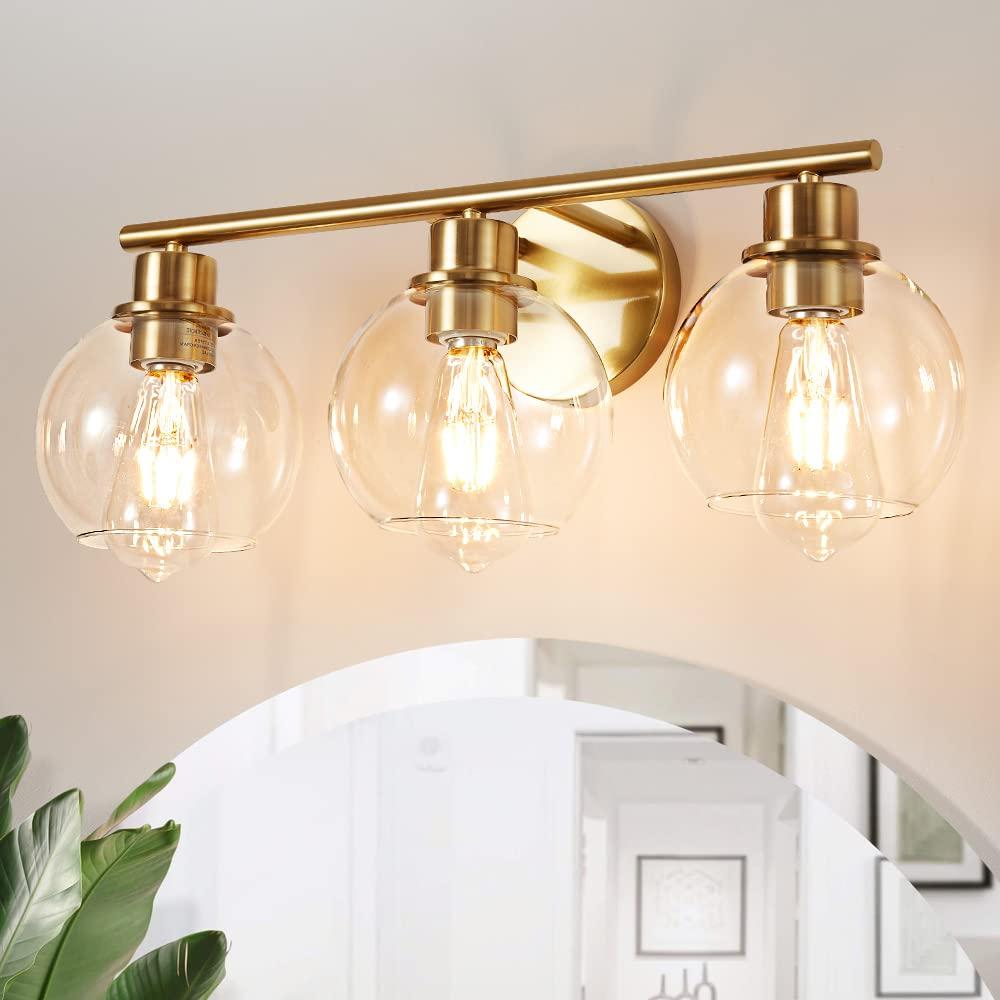 Bathroom Light Fixtures Over Mirror 3-Lights Bathroom Vanity Light with Clear Globe Glass Shade 22 inch Modern Gold Vanity Light Wall Sconce Vanity Light Bathroom Light for Bath