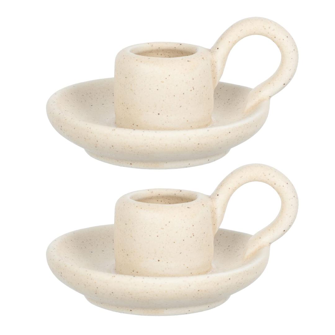 DOITOOL 2Pcs Ceramic Candlestick Holder, Taper Candle Holder with Handle, Nordic Style Candlelight Stand Desktop Ornament (Beige) (Beige)