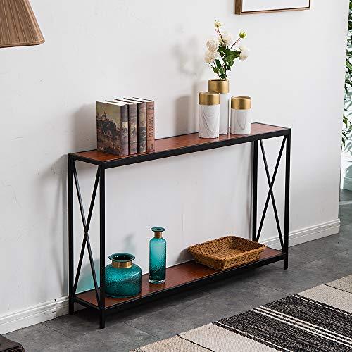 Walnut/Black Metal Frame 2-Tier Entryway Console Sofa Table with X-Design Sides