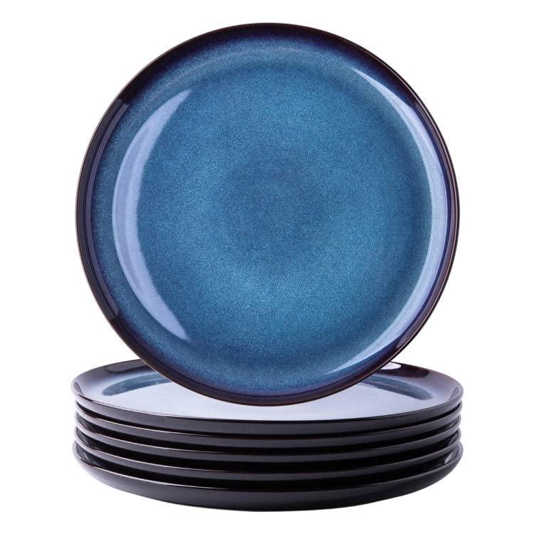 Ceramic Dinner Plates Set of 6,10.5 Inch Reactive Glaze Porcelain Plates, Modern Shape Dinnerware Dishes Set for Kitchen,Microwave&Dishwasher&Oven Safe, Scratch Resistant-Blue